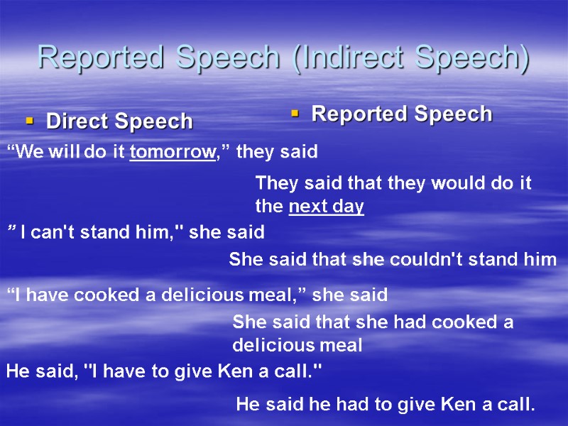 Reported Speech (Indirect Speech) Direct Speech     Reported Speech  